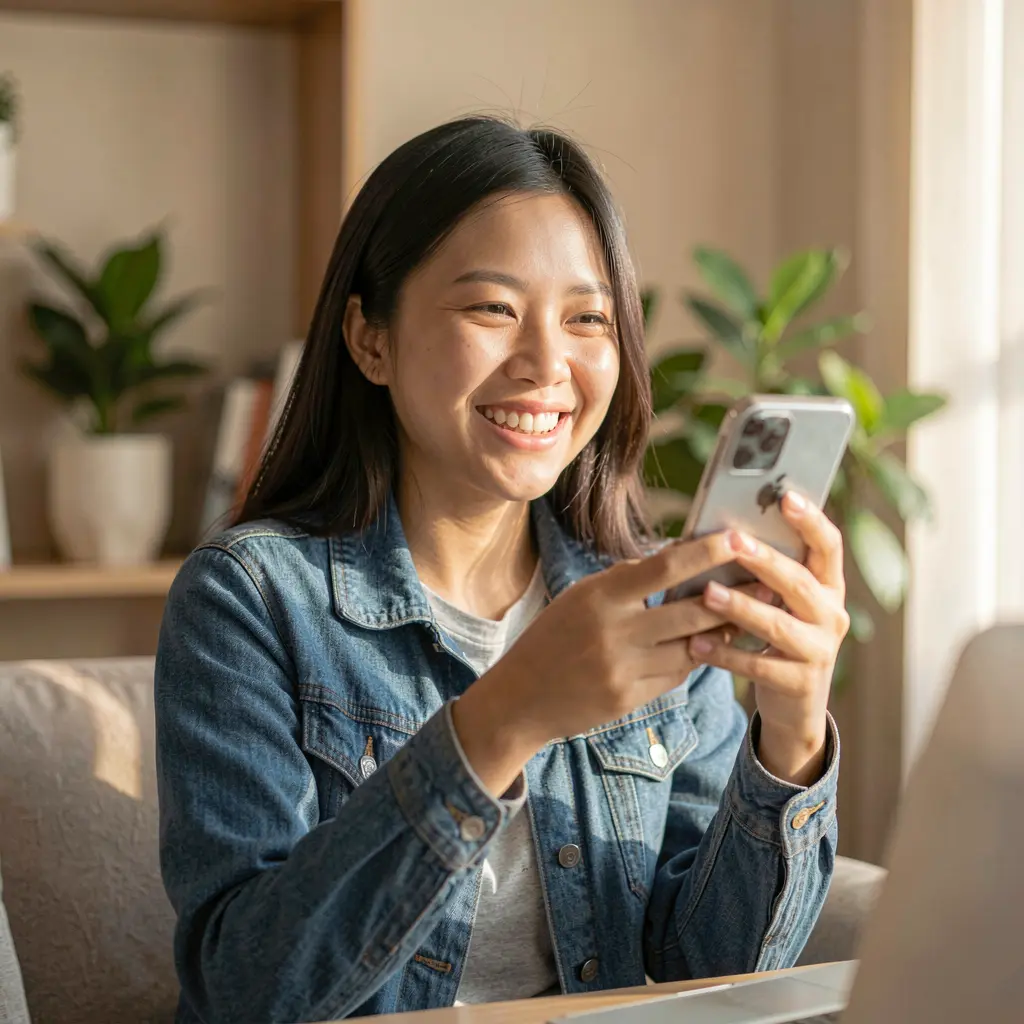 Young Filipino woman smiling while using the 5Z GAME mobile casino app on her phone in a modern indoor setting