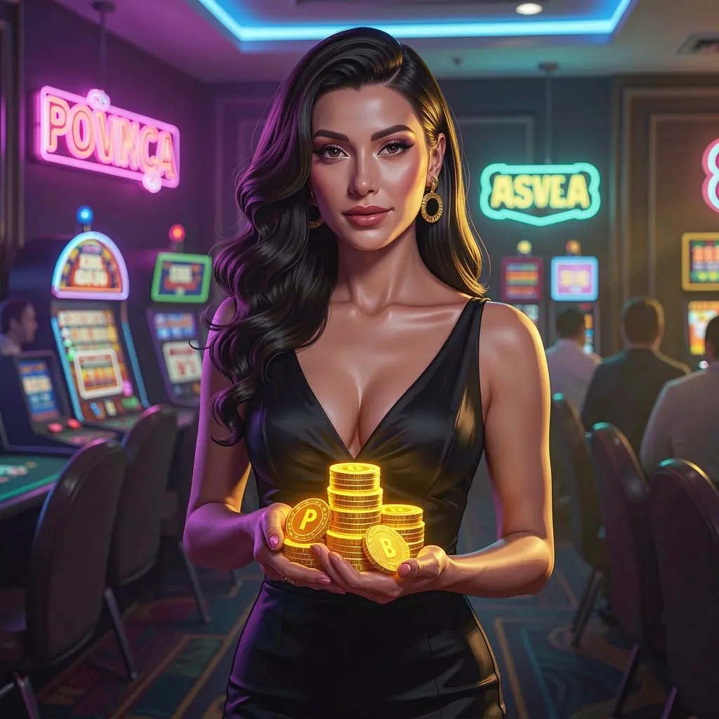 Elegant casino atmosphere with a confident woman holding glowing chips representing high stakes gameplay and excitement at 5Z GAME Philippines