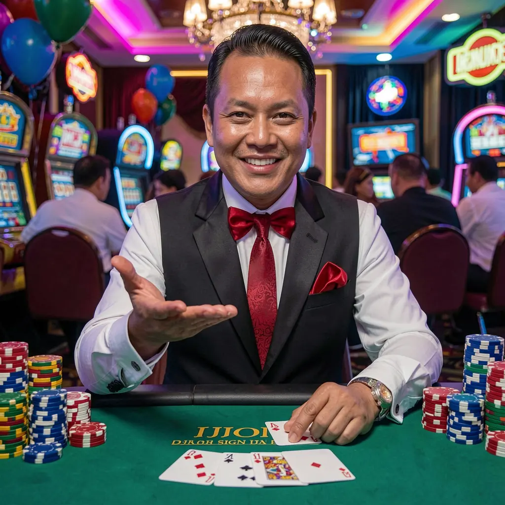 Professional casino dealer welcoming players at a vibrant gaming table with cards and chips inside the 5Z GAME live casino environment for the Philippines