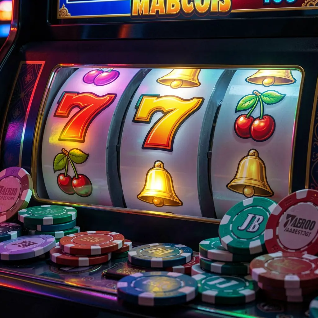 Close-up of a premium slot machine with shining red sevens and golden details surrounded by casino chips representing the high quality slot experience at 5Z GAME Philippines